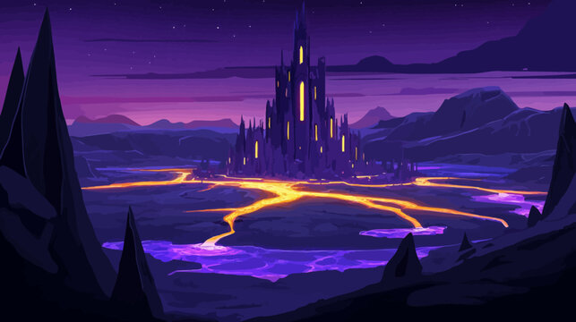 Fantasy castle illuminated with glowing lava rivers under starry sky