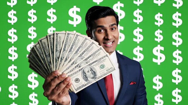 Man in Suit Holding Fan of US Dollar Bills with Green Dollar Sign Background.