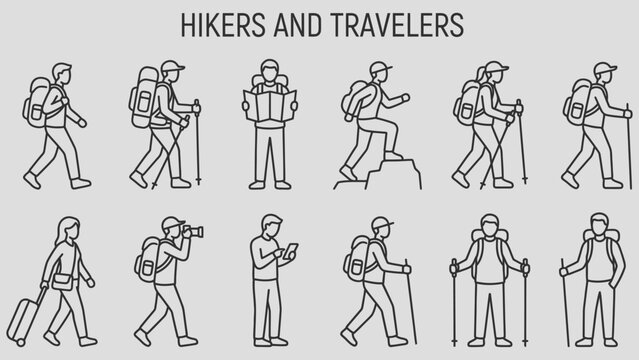 Traveler and hiker character side view CAD drawing set, outdoor walking people with backpacks, trekking poles, luggage, and travel gear in minimal clean architectural line style