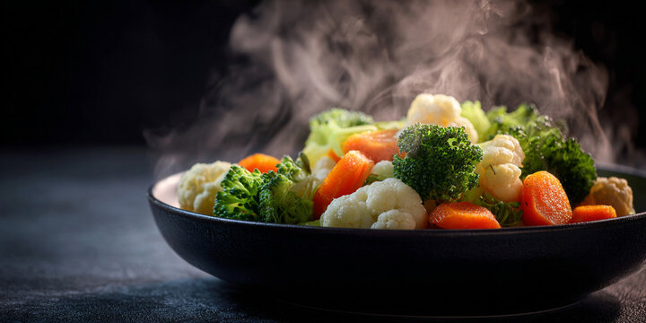Steaming hot vegetables including carrots, broccoli, and cauliflower create vibrant and healthy dish
