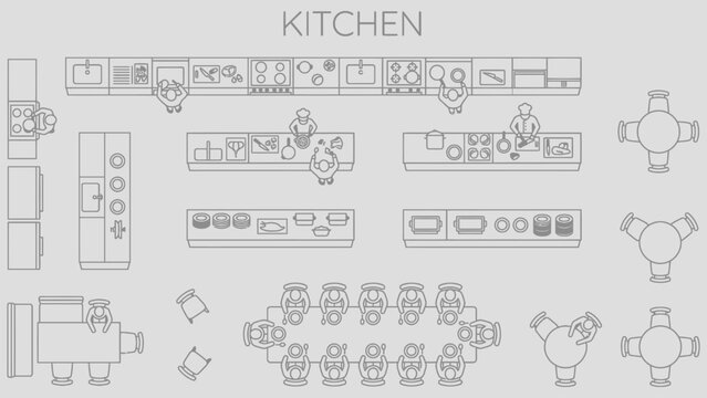 Commercial kitchen top view CAD drawing set, chefs preparing food with cooking stations, equipment, and prep counters in clean minimal architectural line style