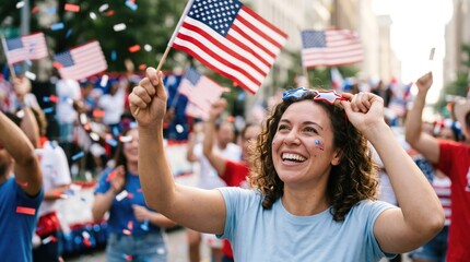 Fototapeta premium Happy young woman celebrating national holiday with American flag and confetti at outdoor parade, patriotic concept of freedom and community spirit