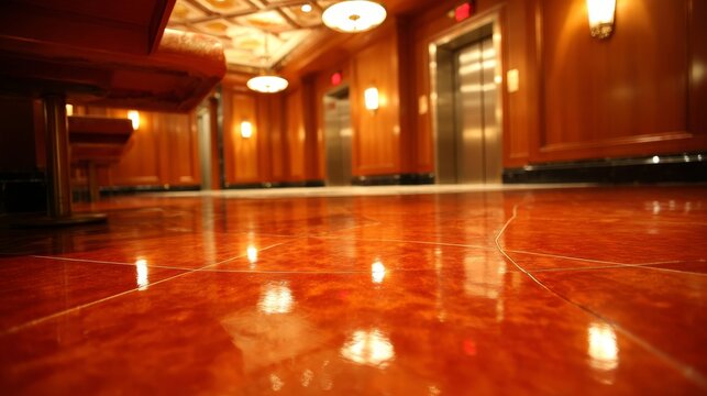 Rich mahogany wood grain floor with subtle texture and reflective shine in a warm interior hallway with elevators