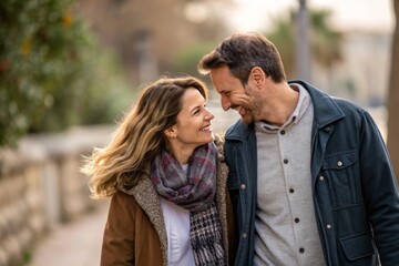 Fototapeta premium Smiling couple walks close, sharing warmth and joy