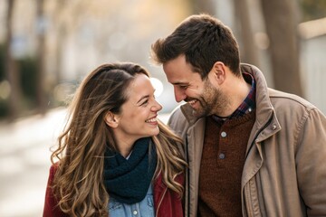 Obraz premium Smiling couple shares a tender moment outdoors