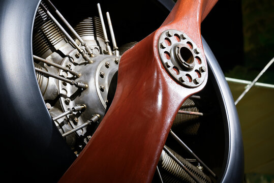 Vintage plane engine and propeller at the Museum of Flight in Seattle, Washington.