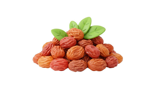 A pile of dates with green leaves on top, isolated on transparent background
