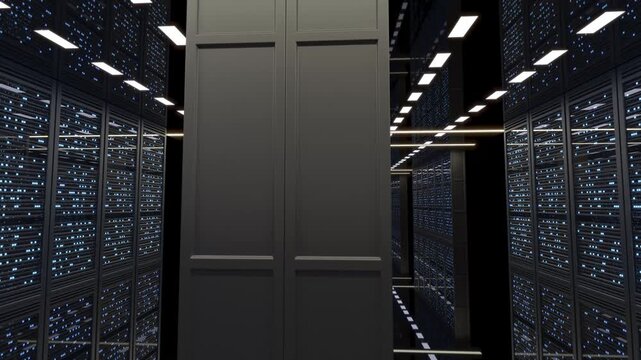 Sliding motion in a data center server room with flashing neon light blue lights of server racks. 3d animation