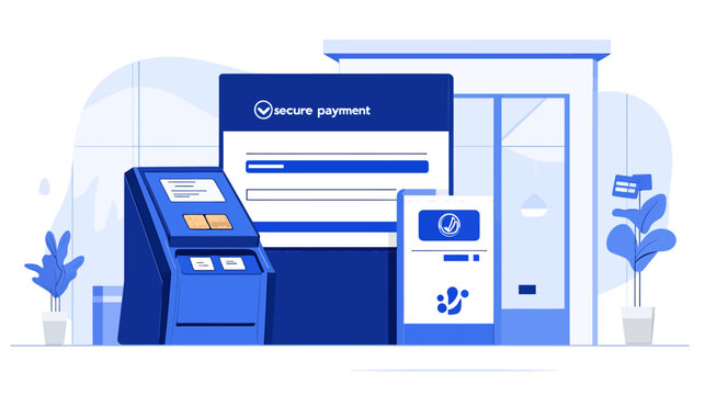 Illustration of an ATM and payment kiosk with plants outside
