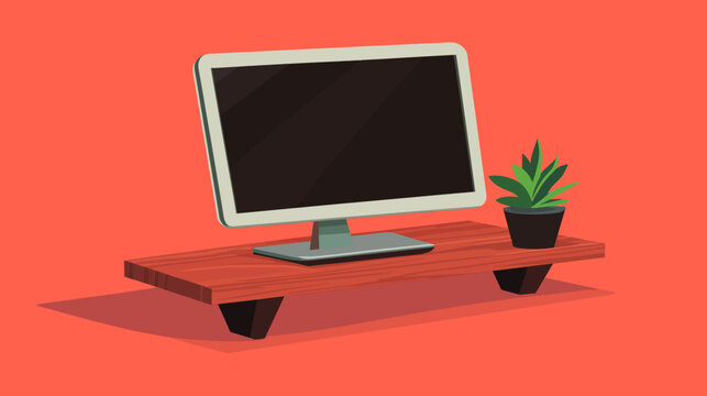 Illustration of a desktop computer and potted plant on wooden table