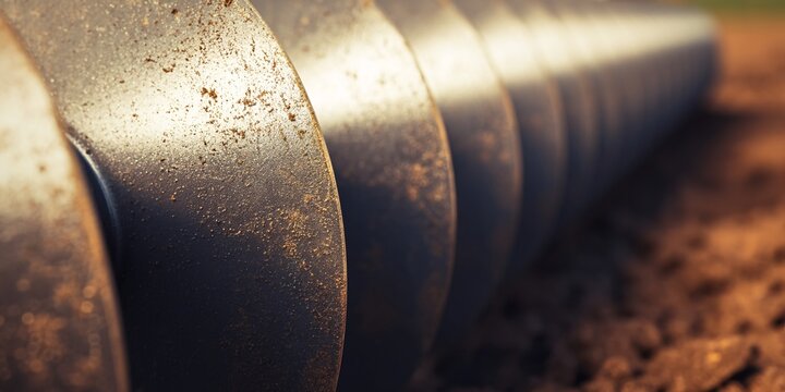 Extreme closeup of disc harrow edge agricultural field macro photography earthy environment detailed view metal texture