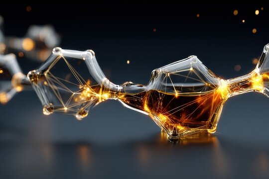 Conceptual 3D visualization of the glycolysis process showing a glucose molecule breaking down into pyruvate with glowing gold ATP energy sparks.