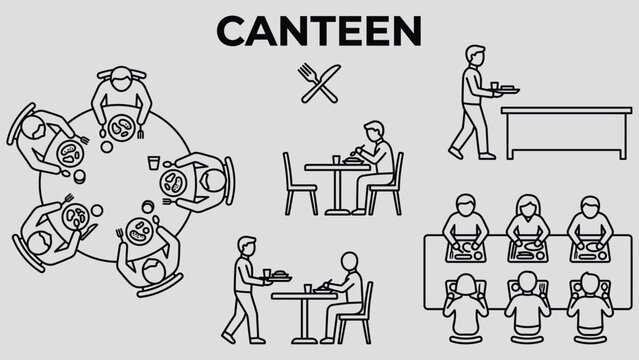 Top view architectural drawing of canteen scene with people eating at tables, food trays and dining layout, clean minimal line illustration for cafeteria floor plan use