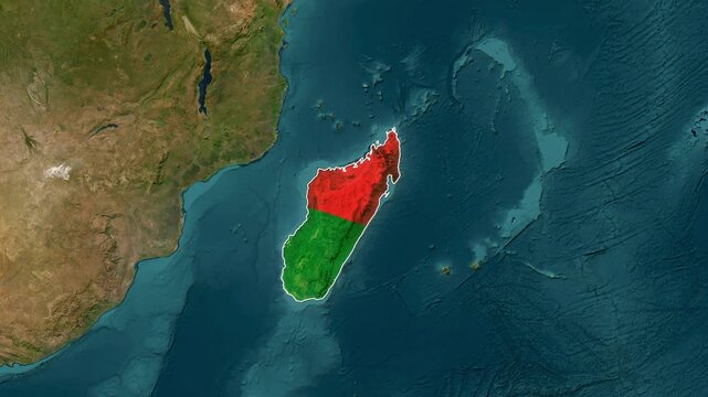 Animated satellite view of Madagascar, divided by colored regions in a motion video clip