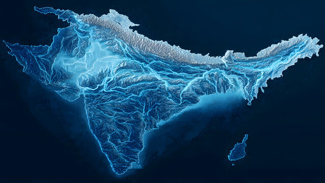 Abstract digital visualization of the Indian subcontinent's glowing terrain, highlighting its vast river systems and prominent mountain ranges in a vibrant blue light