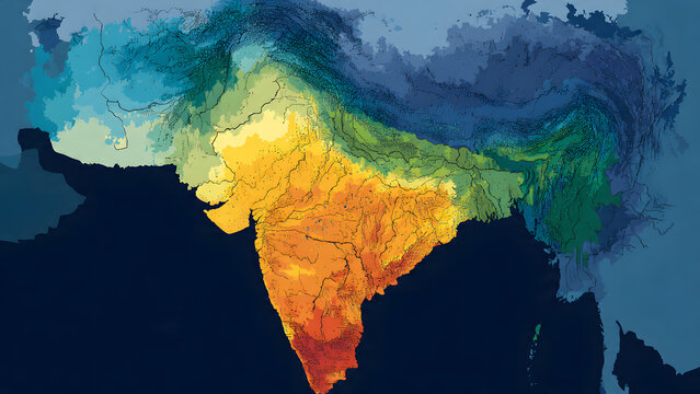 A vibrant conceptual visualization of climate patterns and environmental data across the Indian subcontinent, illustrating diverse temperature gradients and geographical nuances for scientific study