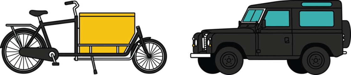 Set of illustrated transport icons featuring a cargo bicycle and an off-road utility vehicle on white background © MdAsikul