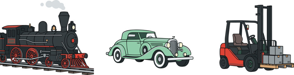 Set of illustrated transport icons including a steam locomotive train, vintage car, and industrial forklift truck © MdAsikul
