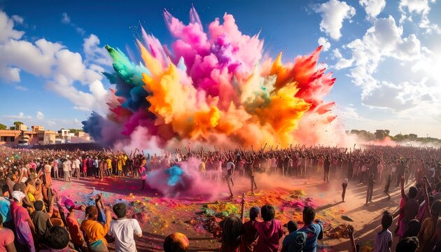 Vibrant Crowd Celebrating Color Powder Festival in Outdoor Arena