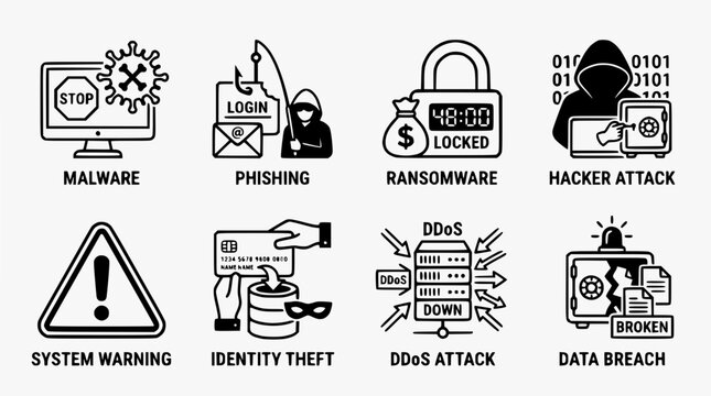 Cybersecurity Threats Icons: Malware, Phishing, Ransomware, Hacker Attack, Data Breach