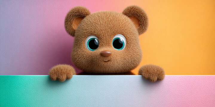 Adorable cartoon bear with fluffy fur peeking over colorful blank board, radiating joy and playfulness