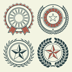 Fototapeta premium Set of four vintage and retro-inspired badges with stars and laurel wreaths creating a timeless aesthetic for diverse uses.