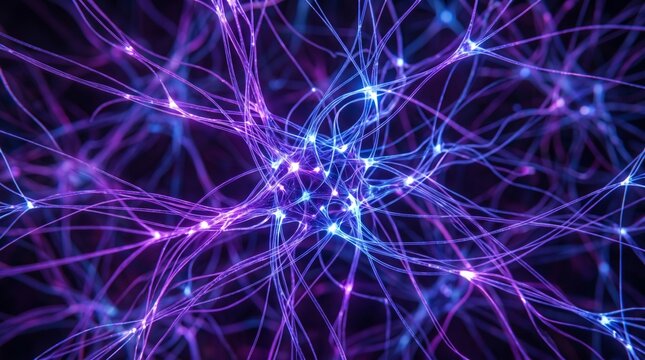 Close-up of a neural network made of light fibers, electric purple and blue palette