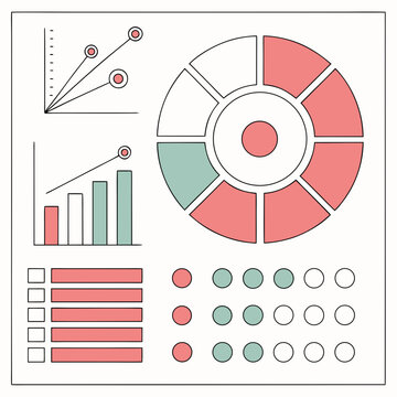 Data analysis and business presentation with diverse charts including bar graphs scatter plots and pie charts for reports and infographics.