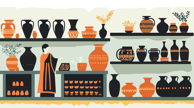 Woman shopping for decorated terracotta and ceramic pots in a store