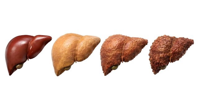 Four stages of liver disease progression including healthy liver, fatty liver steatosis, fibrosis, and cirrhosis isolated on white background.
