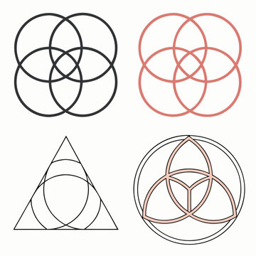 Minimalist geometric icons set showing overlapping circles and trinity knot variations in black and coral pink colors with clean line art aesthetic.