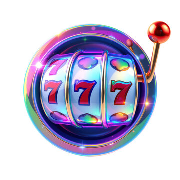 Colorful slot machine with three reels displaying triple sevens and a lever on the right side.