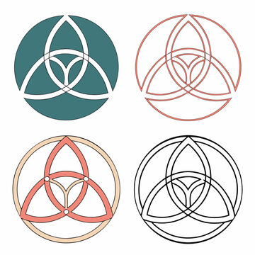 Triquetra trinity knot symbols within circular frames showing different color schemes and line weights for celtic heritage and pagan art concepts.