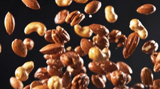 Pile of mixed almonds and cashews on dark background.