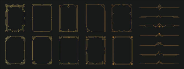 Obraz na płótnie Canvas Art Deco frame vector set. Gold geometric vintage borders, corner ornaments and luxury divider elements on black background.