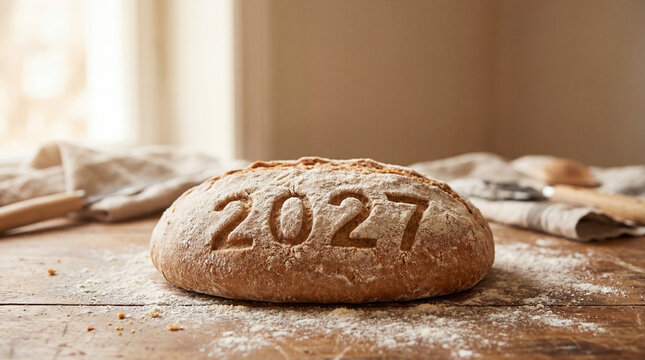 2027 stamped into rustic round bread loaf on floured wooden table bakery new year concept for homemade food tradition fresh baking comfort kitchen celebration seasonal bakery planning