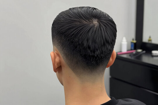 Back view of a man with a fresh taper fade haircut, showing neatly trimmed sides and well‑groomed dark hair, highlighting contemporary grooming style.