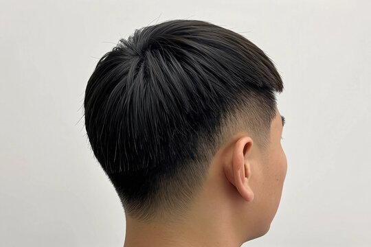 Back view of a man with a fresh taper fade haircut, showing neatly trimmed sides and well‑groomed dark hair, highlighting contemporary grooming style.