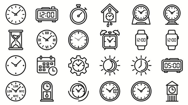 A collection of various clock and watch icons are shown in a grid.