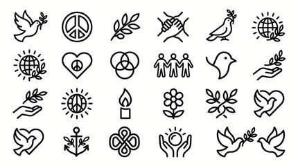 Fototapeta premium Various peace symbols and icons depicting unity, love, and harmony are shown.