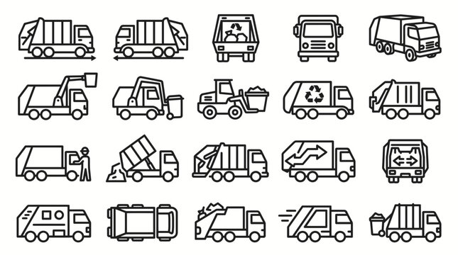 Various garbage trucks are depicted in different actions and environments.