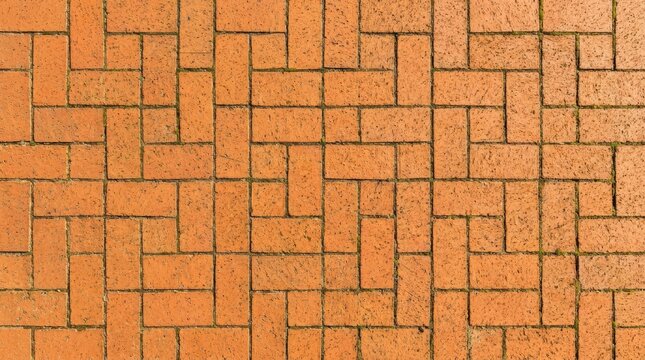 Brick paving stone pattern. Seamless sidewalk texture. Paved brown patio block driveway design. Seamless terracotta paving stone texture background, interlocking orange brick pattern with copy space