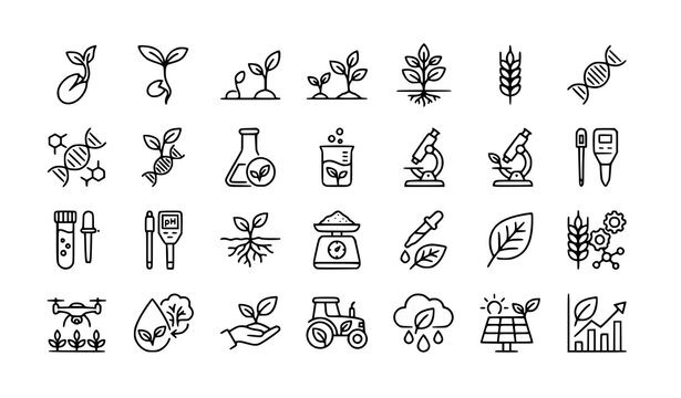 Agricultural science icon vector set with seed plant DNA and soil testing symbols
