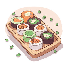 Authentic Japanese sushi assortment platter featuring various delicious maki rolls served on a traditional wooden board for restaurant menu - Vector Illustration © powdesign