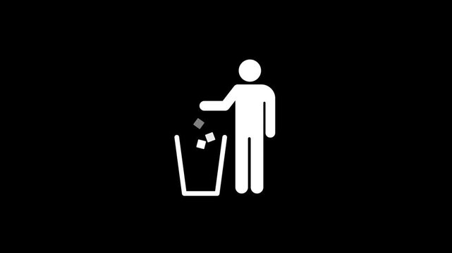 Seamless loop animation of person throwing trash into bin icon with transparent background for cleanliness hygiene recycling and waste management concepts