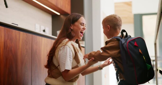 Growth, child and excited mother with schoolbag in home for kindergarten start, help and first day. Backpack, proud mom or boy kid in morning for back to school, getting ready or learning development