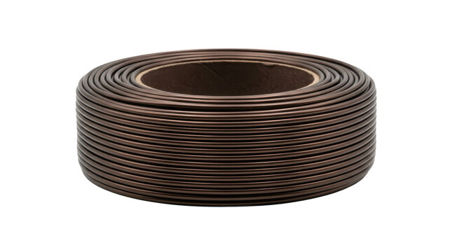 Coil of brown plastic strapping band for packaging isolated on transparent background