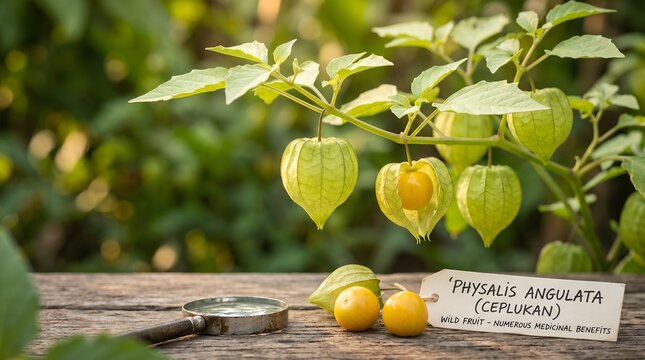 Physalis angulata, also known as Ceplukan, displays its distinct lantern-shaped husks enclosing bright green fruit