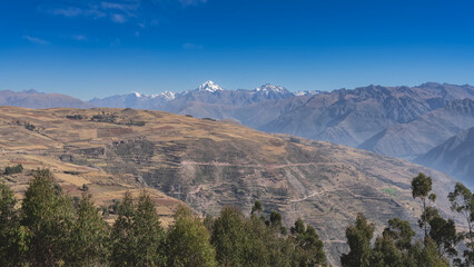 Fototapeta premium High mountain landscape. There are agricultural terraces and cultivated fields on the mountain slopes. Snow-capped peaks of the Andes against the blue sky. Green trees in the foreground. Peru.