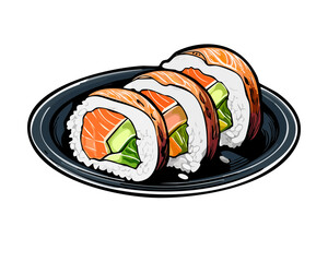 Delicious Japanese sushi bowl featuring premium norimaki sushi rolls filled with fresh salmon fish and crisp - Vector Illustration © powdesign